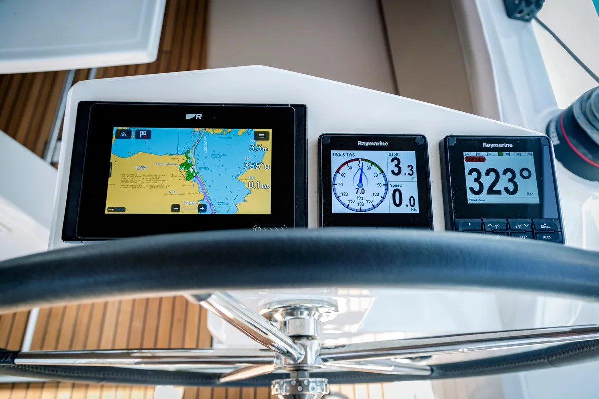 Cockpit of Pink Floyd, a Beneteau Oceanis 34.1 sailboat at Municipal Unit of Lefkada, Greece
