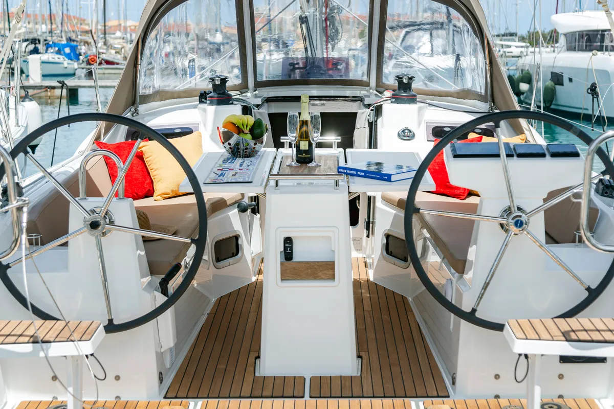 Cockpit of Pink Floyd, a Beneteau Oceanis 34.1 sailboat at Municipal Unit of Lefkada, Greece