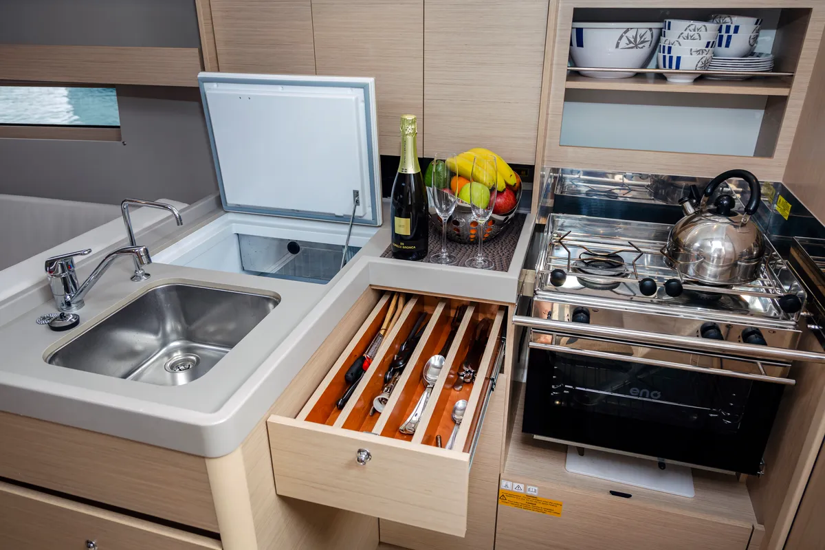 Galley of Pink Floyd, a Beneteau Oceanis 34.1 sailboat at Municipal Unit of Lefkada, Greece