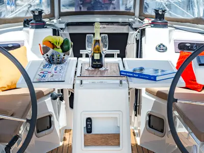 Cockpit of Pink Floyd, a Beneteau Oceanis 34.1 sailboat at Municipal Unit of Lefkada, Greece