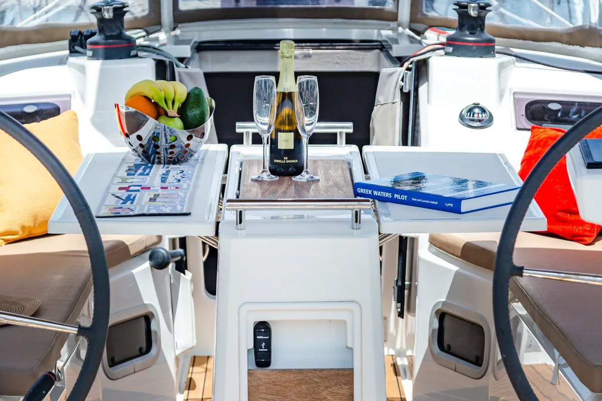 Cockpit of Pink Floyd, a Beneteau Oceanis 34.1 sailboat at Municipal Unit of Lefkada, Greece