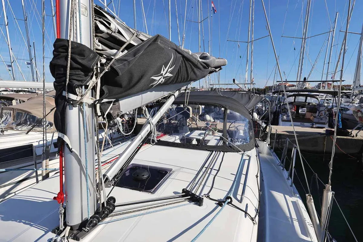 Deck of Mymia, a Jeanneau Sun Odyssey 380 Performance sailboat at Grad Biograd na Moru, Croatia
