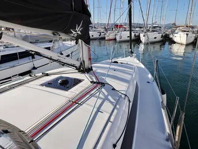 Deck of Mymia, a Jeanneau Sun Odyssey 380 Performance sailboat at Grad Biograd na Moru, Croatia