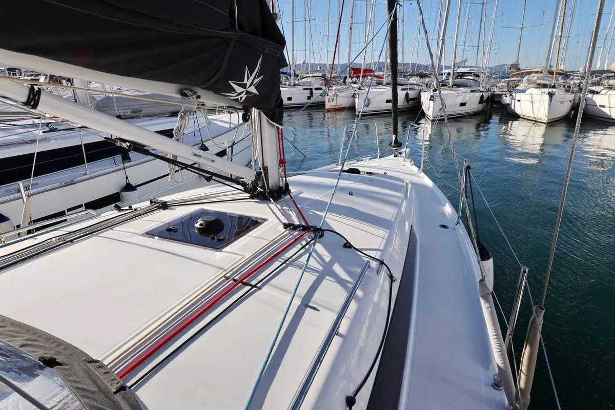 Deck of Mymia, a Jeanneau Sun Odyssey 380 Performance sailboat at Grad Biograd na Moru, Croatia