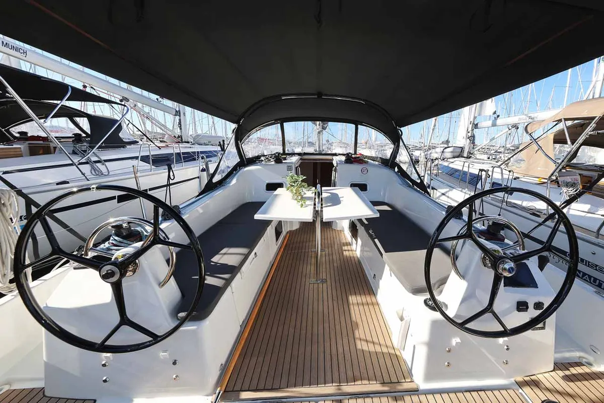Cockpit of Mymia, a Jeanneau Sun Odyssey 380 Performance sailboat at Grad Biograd na Moru, Croatia