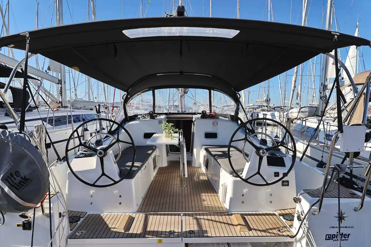 Cockpit of Mymia, a Jeanneau Sun Odyssey 380 Performance sailboat at Grad Biograd na Moru, Croatia