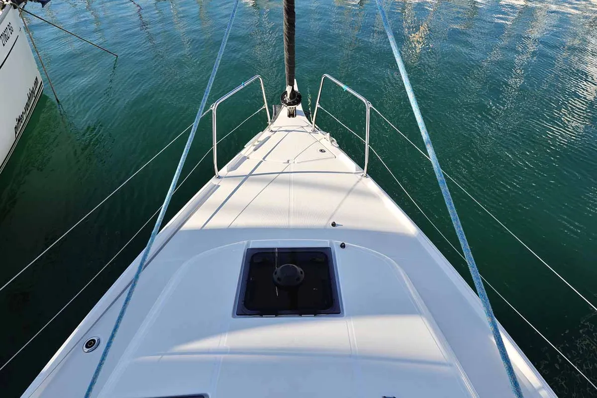 Deck of Mymia, a Jeanneau Sun Odyssey 380 Performance sailboat at Grad Biograd na Moru, Croatia