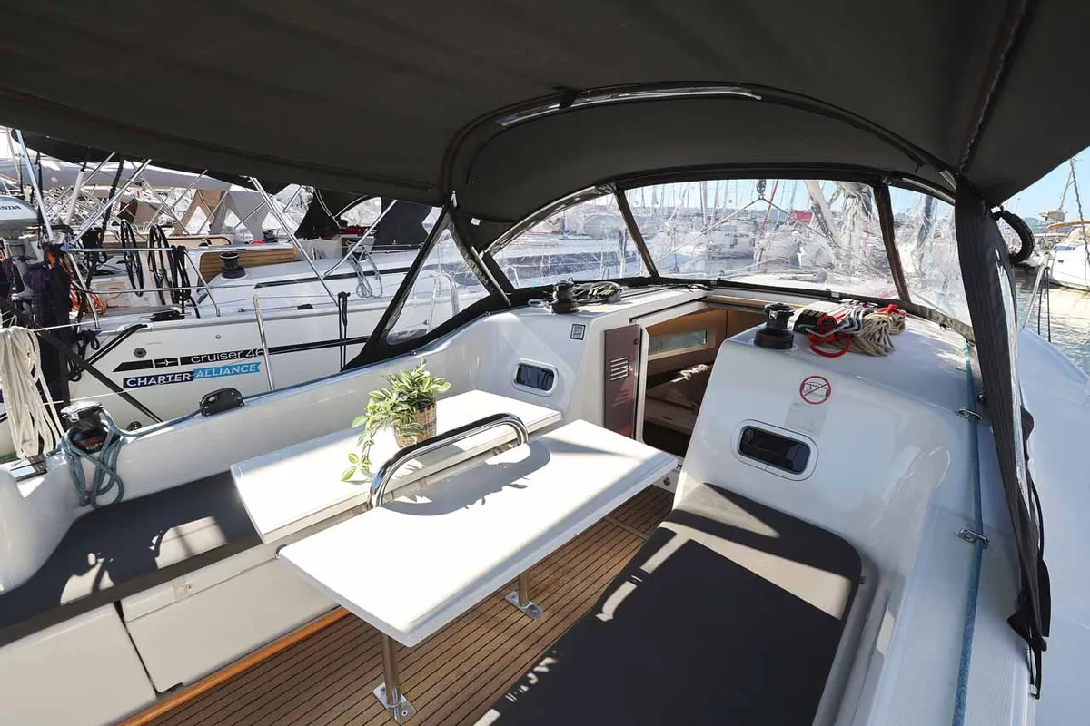 Deck of Mymia, a Jeanneau Sun Odyssey 380 Performance sailboat at Grad Biograd na Moru, Croatia
