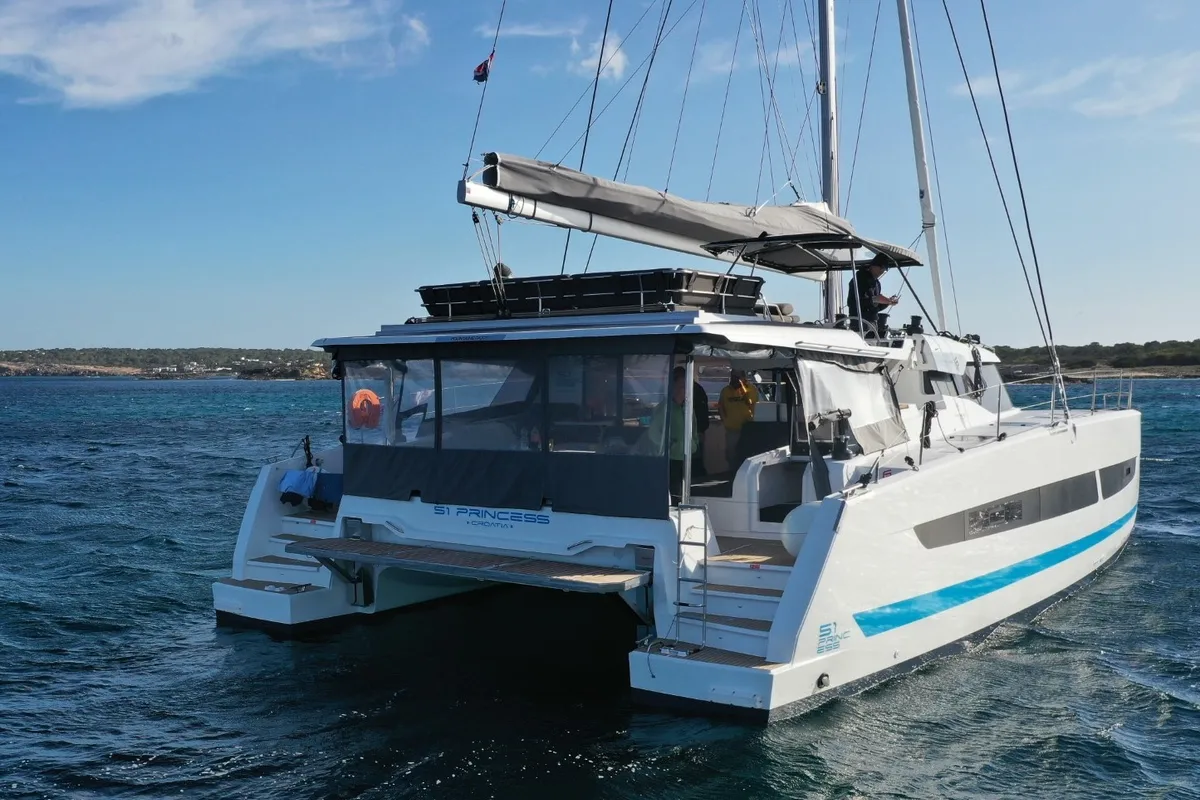 Exterior view of Princess, a Fountaine Pajot Aura 51 catamaran at Seget Donji, Croatia