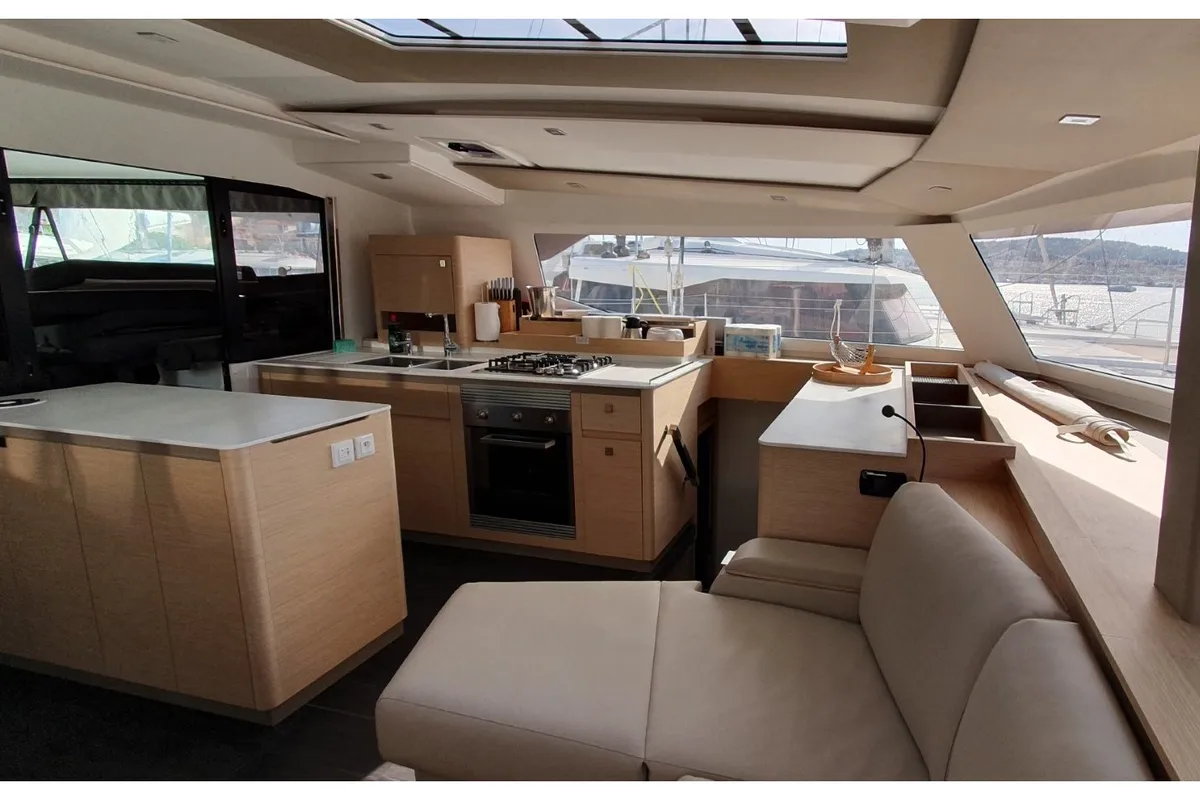 Salon of Princess, a Fountaine Pajot Aura 51 catamaran at Seget Donji, Croatia