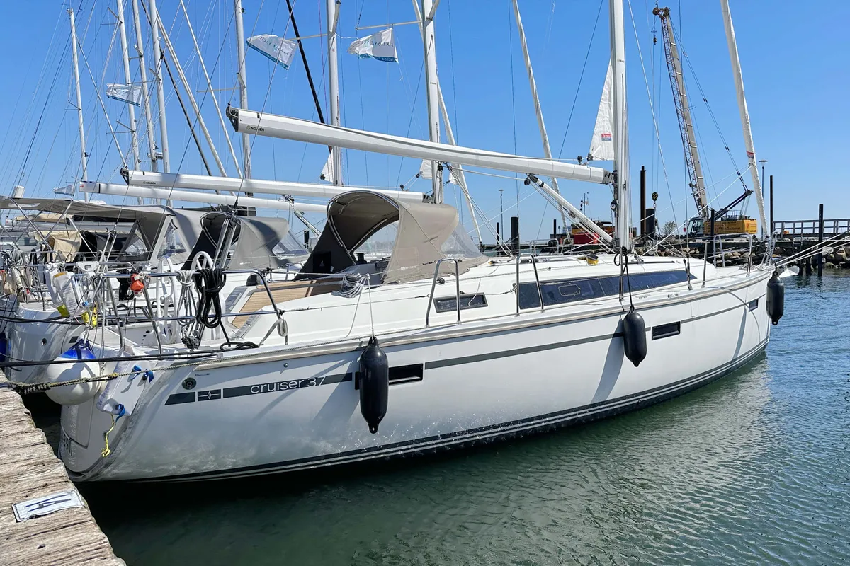 Exterior view of Helene, a Bavaria Cruiser 37 sailboat at Heiligenhafen, Germany
