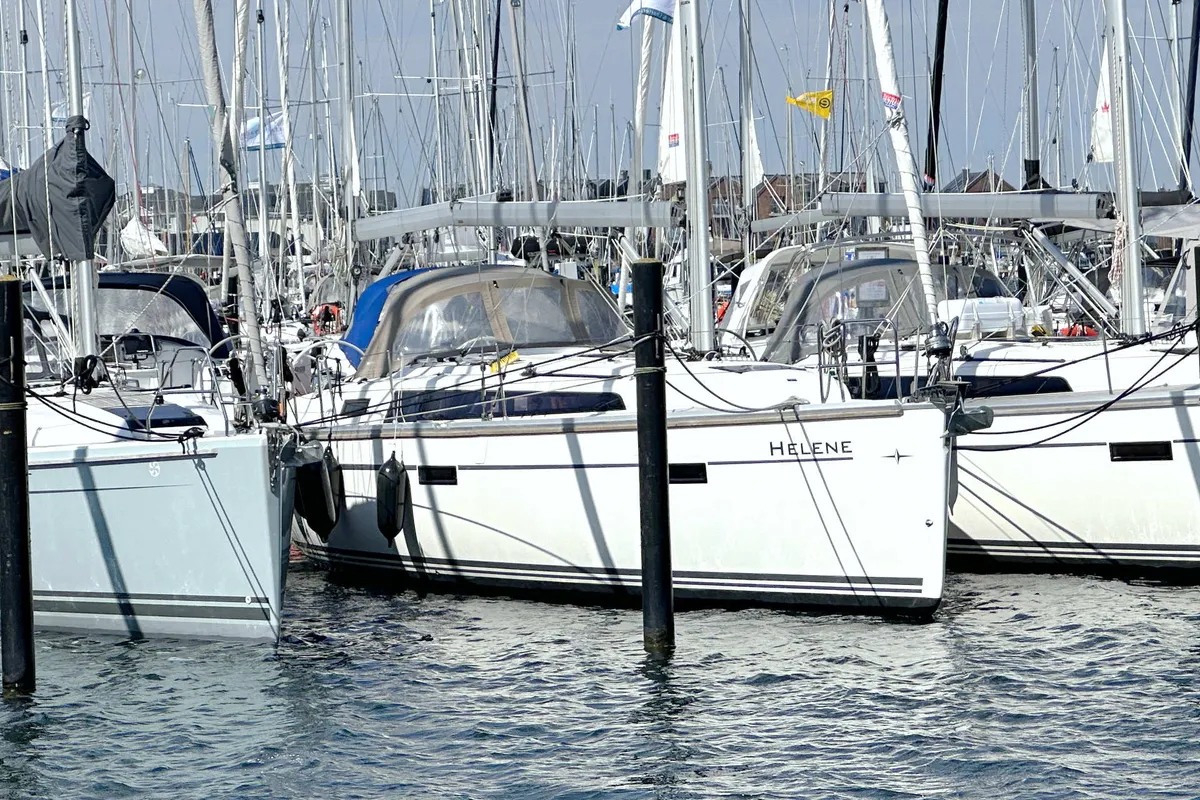 Exterior view of Helene, a Bavaria Cruiser 37 sailboat at Heiligenhafen, Germany