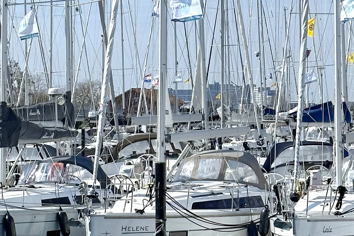 Exterior view of Helene, a Bavaria Cruiser 37 sailboat at Heiligenhafen, Germany