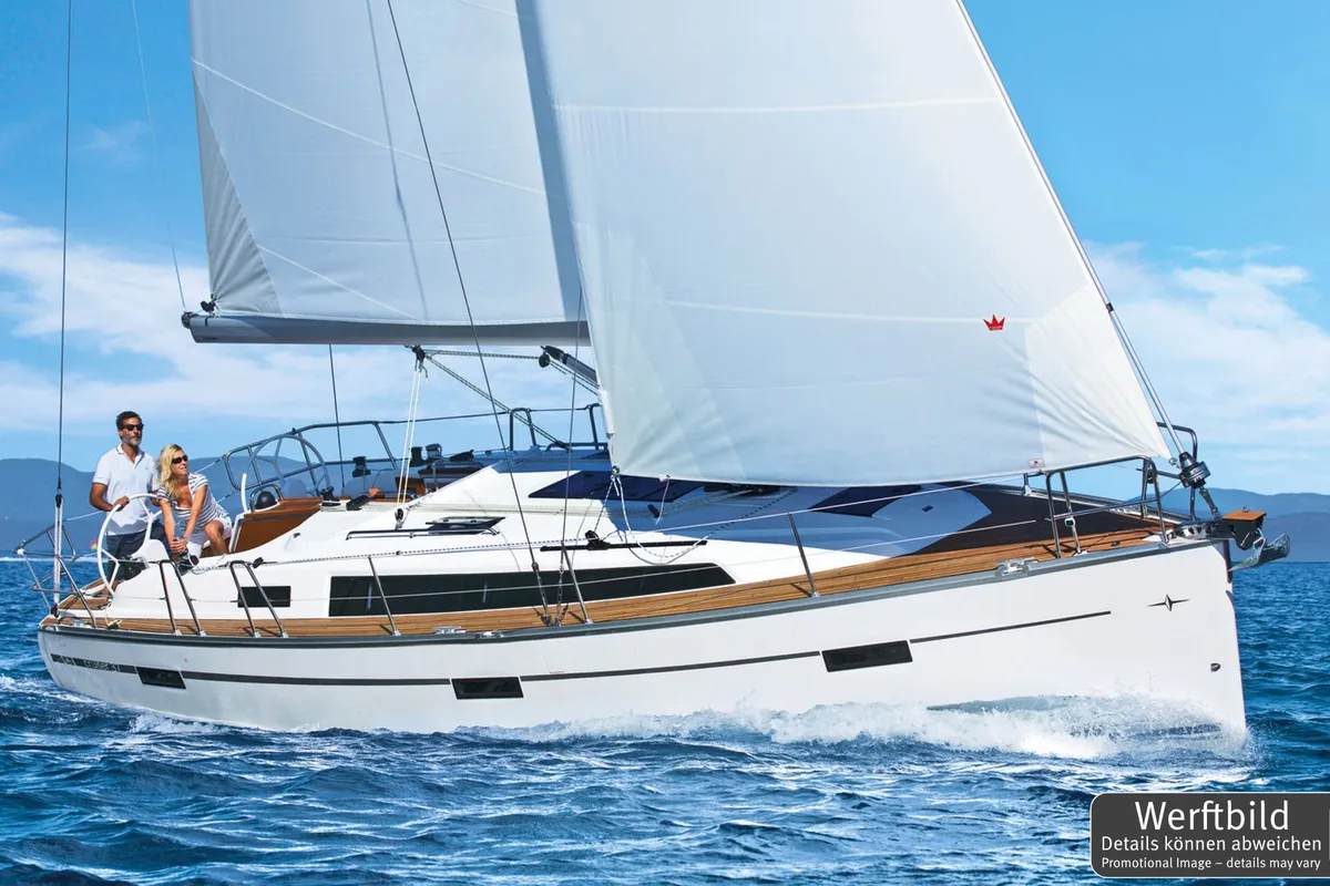 Exterior view of Helene, a Bavaria Cruiser 37 sailboat at Heiligenhafen, Germany