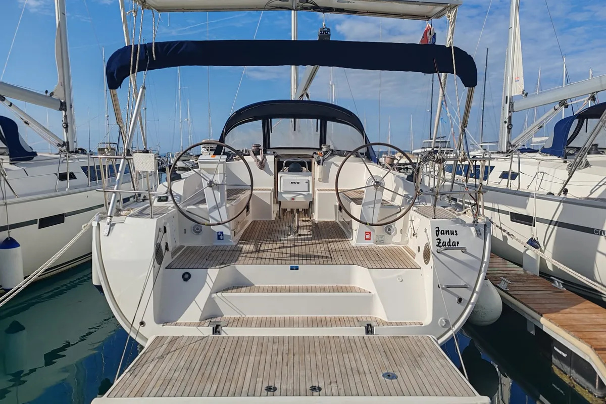 Exterior view of Janus, a Bavaria Cruiser 46 sailboat at Općina Pakoštane, Croatia