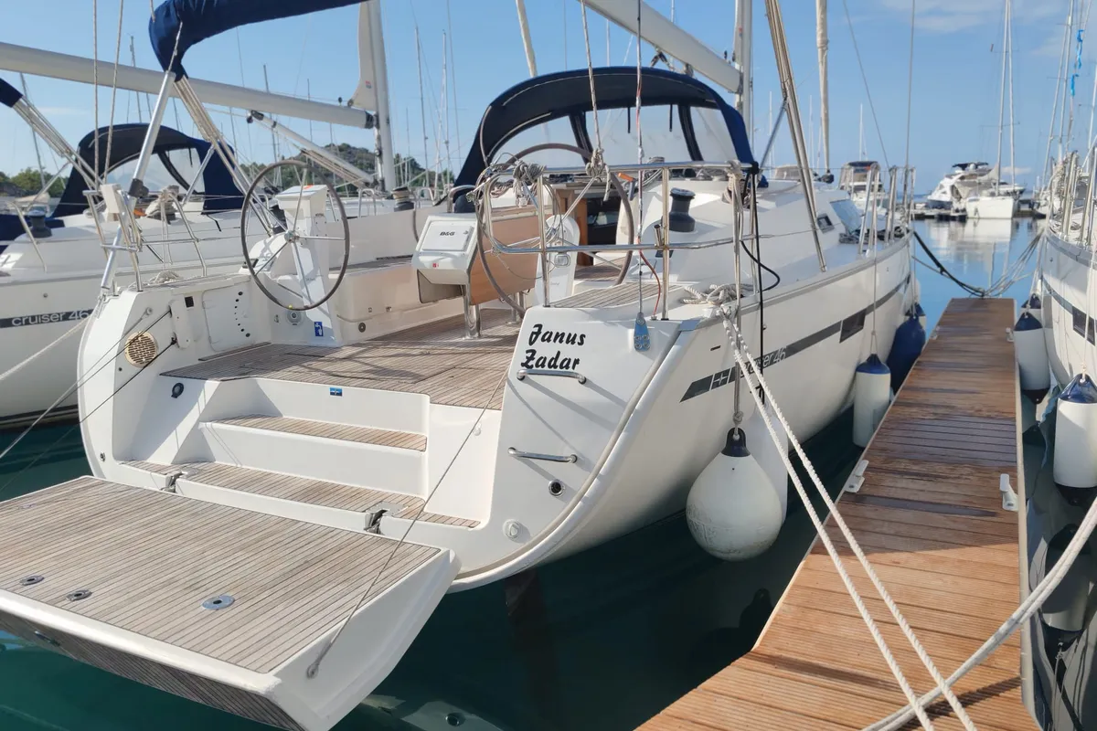 Exterior view of Janus, a Bavaria Cruiser 46 sailboat at Općina Pakoštane, Croatia