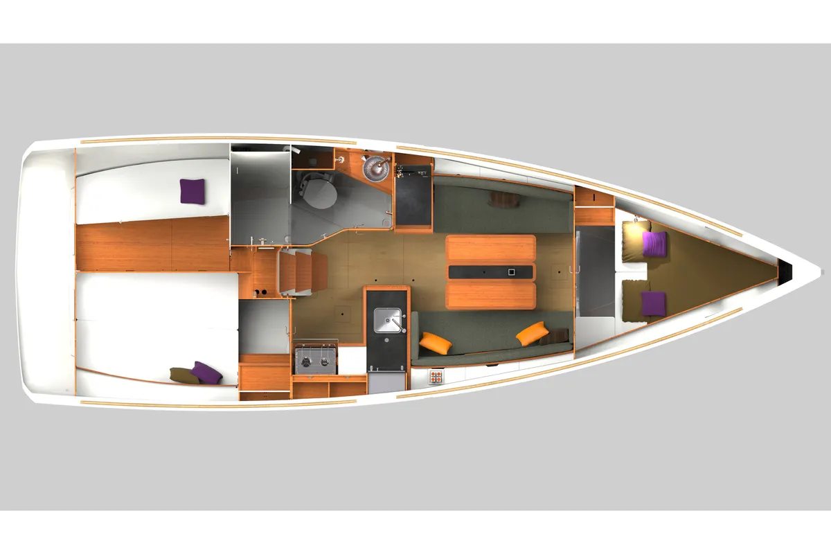 Floor plan of Dorina, a Jeanneau Sun Odyssey 349 sailboat at Grad Pula, Croatia