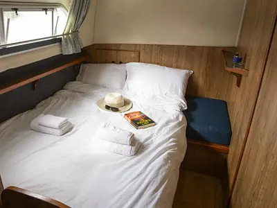 Cabin on Crusader, a Cygnet Crusader motorboat at Hesse, France