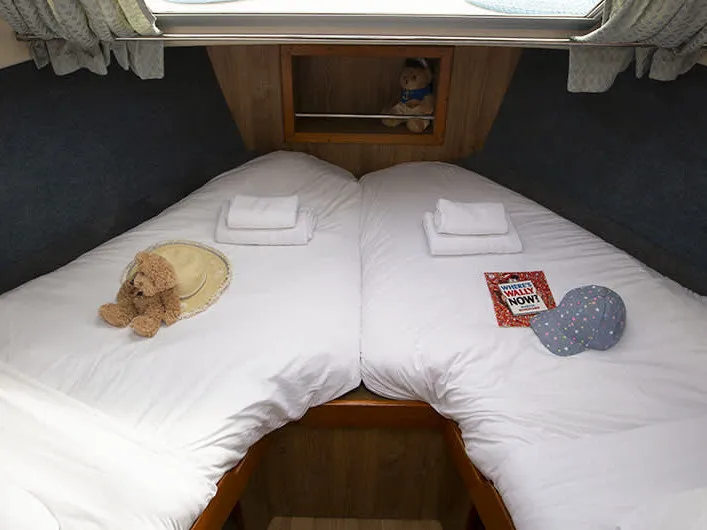 Cabin on Crusader, a Cygnet Crusader motorboat at Hesse, France