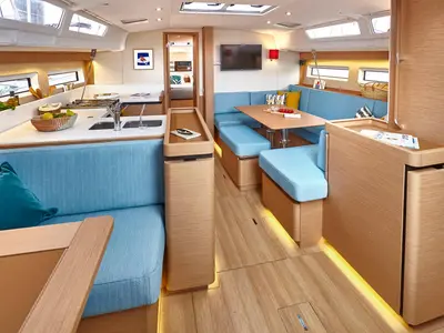 Salon of Te Amo, a Jeanneau Sun Odyssey 490 sailboat at Marmaris, Turkey