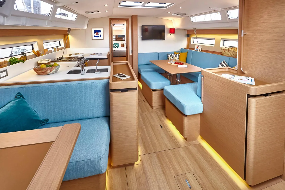 Salon of Te Amo, a Jeanneau Sun Odyssey 490 sailboat at Marmaris, Turkey