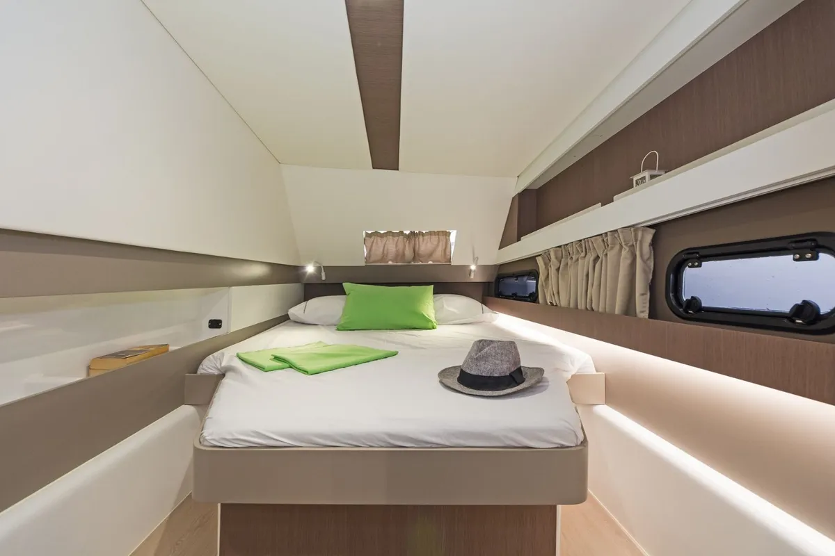 Cabin on Golden Waters, a Bali 4.1 catamaran at Port of Avdira, Greece
