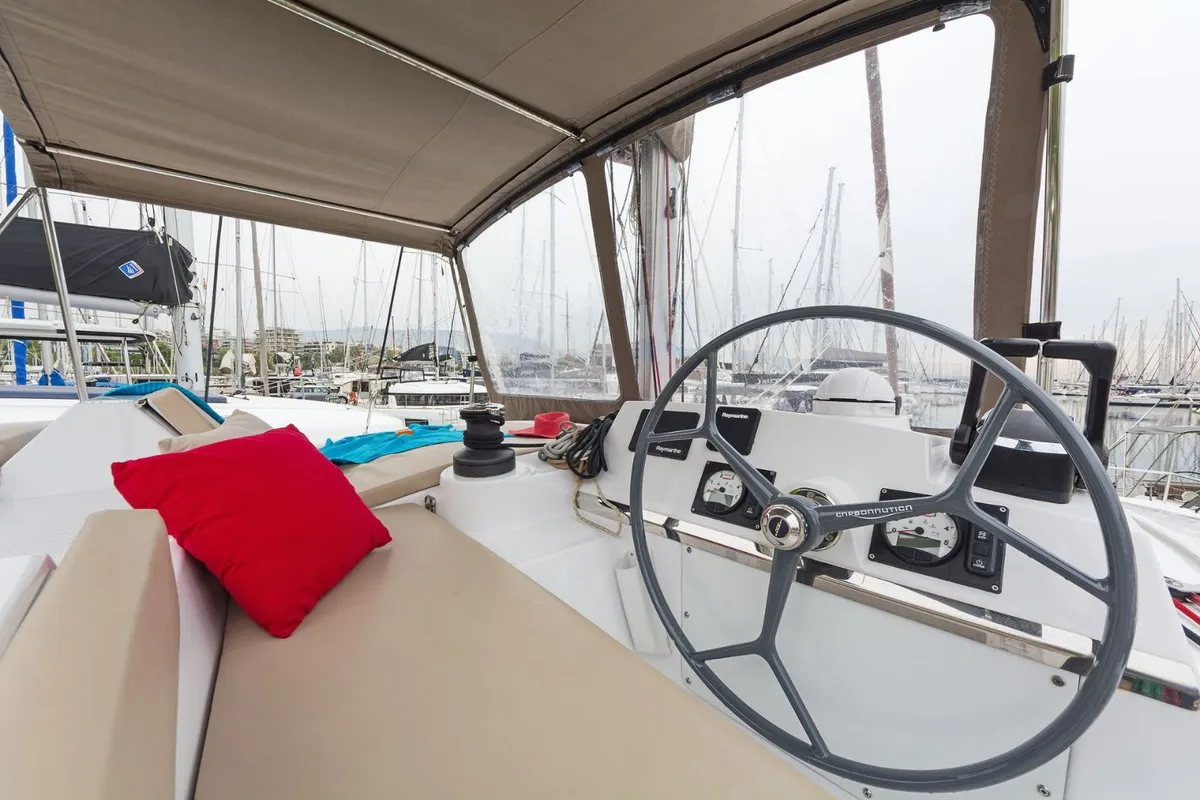 Cockpit of Golden Waters, a Bali 4.1 catamaran at Port of Avdira, Greece