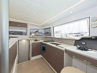 Galley of Golden Waters, a Bali 4.1 catamaran at Port of Avdira, Greece