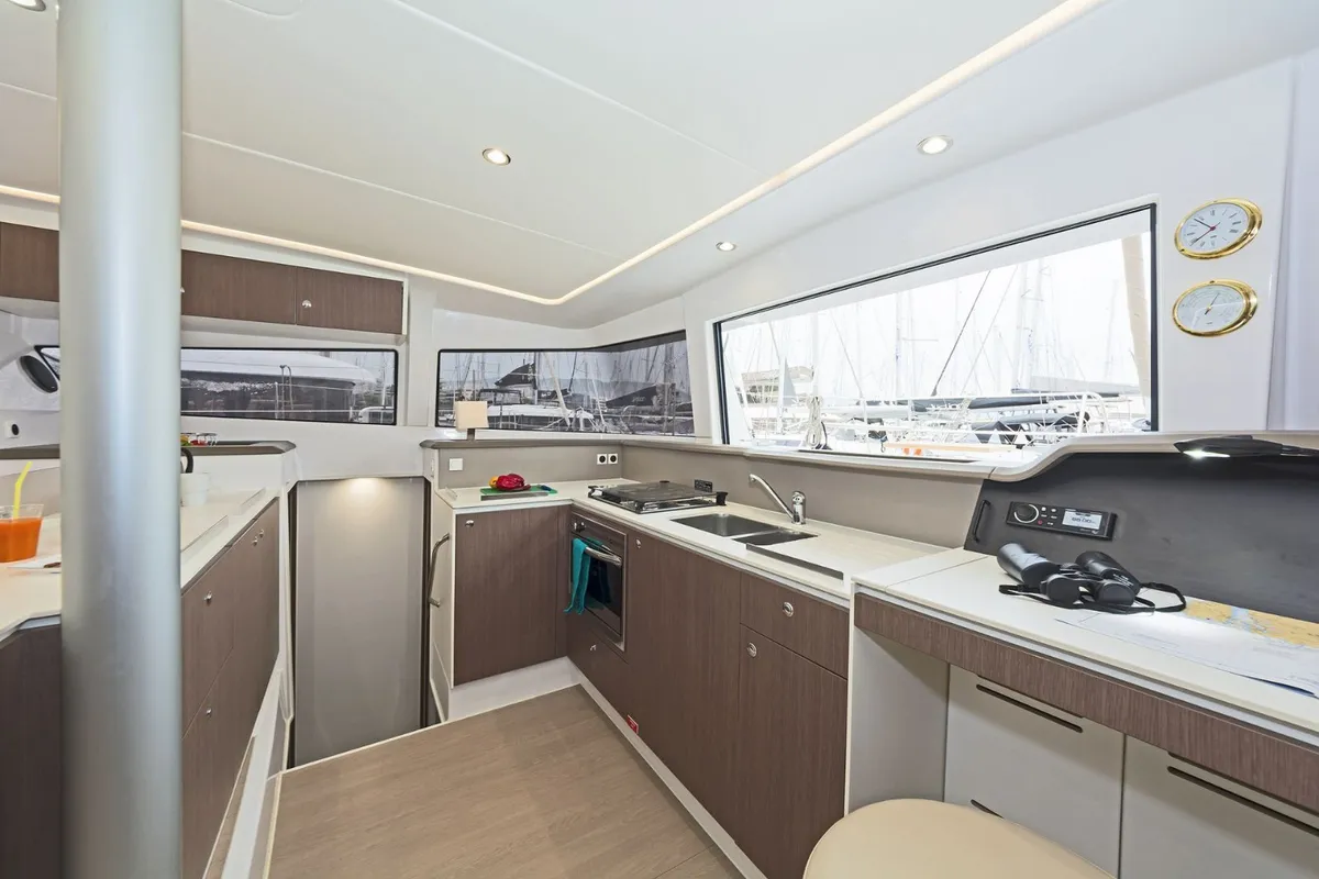 Galley of Golden Waters, a Bali 4.1 catamaran at Port of Avdira, Greece