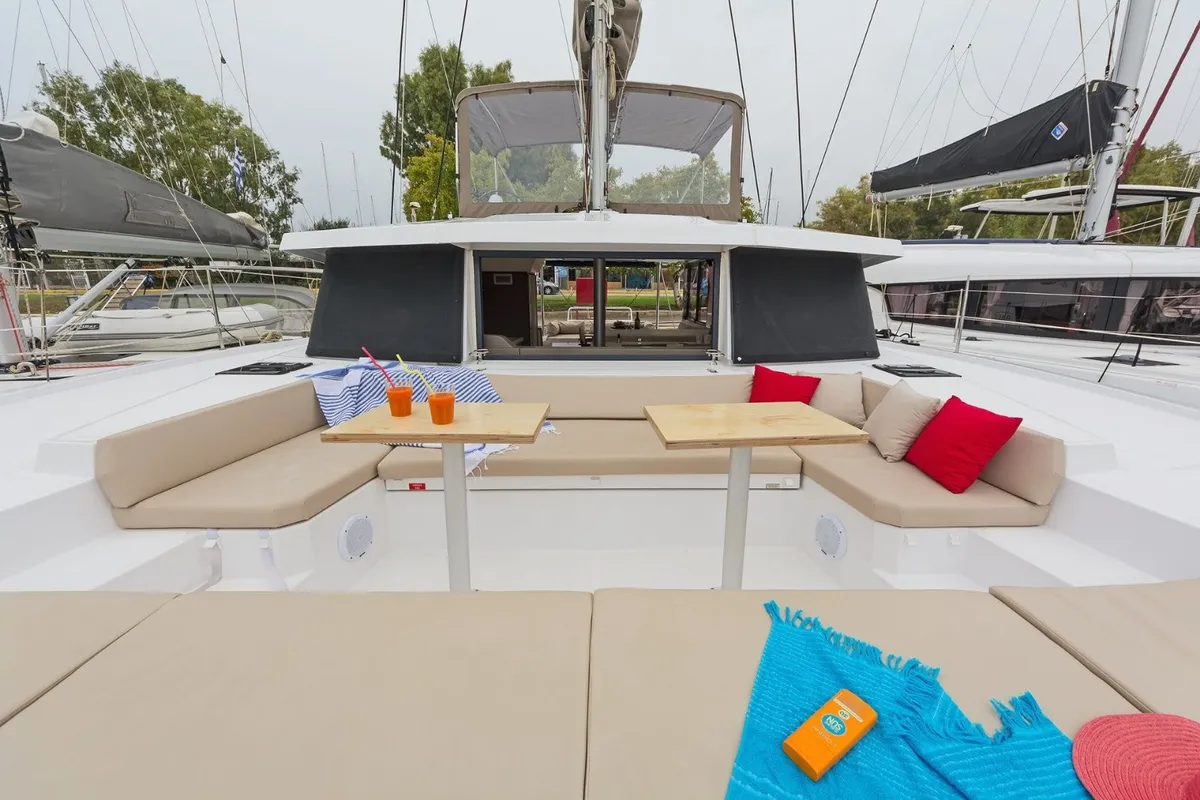 Deck of Golden Waters, a Bali 4.1 catamaran at Port of Avdira, Greece
