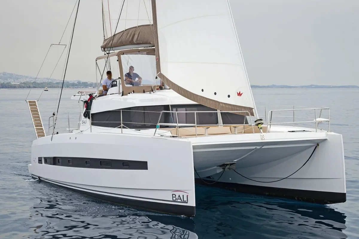 Exterior view of Golden Waters, a Bali 4.1 catamaran at Port of Avdira, Greece