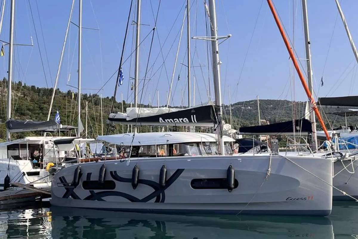 Exterior view of Amare II, a Excess 11 catamaran at Kontokali, Greece