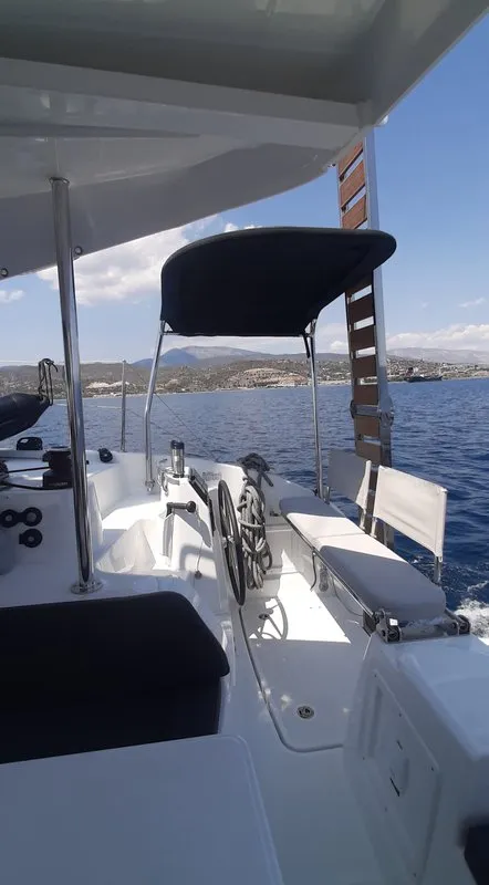 Cockpit of Amare II, a Excess 11 catamaran at Kontokali, Greece