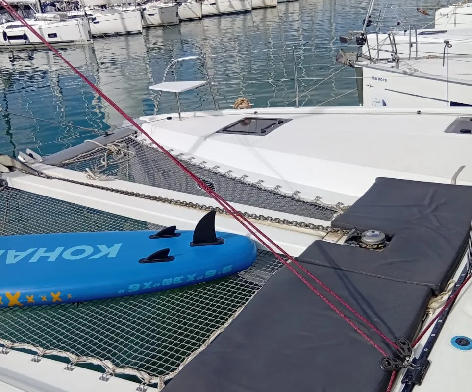 Deck of Amare II, a Excess 11 catamaran at Kontokali, Greece