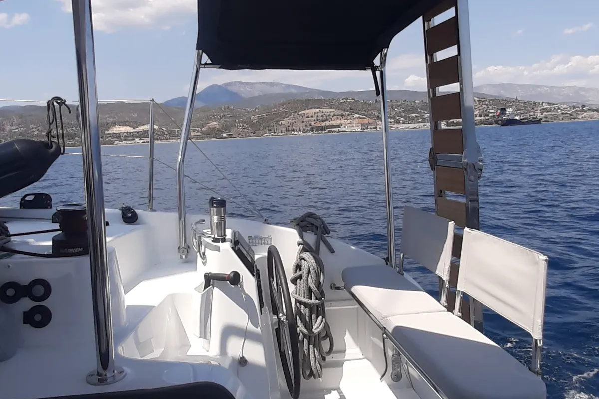 Cockpit of Amare II, a Excess 11 catamaran at Kontokali, Greece
