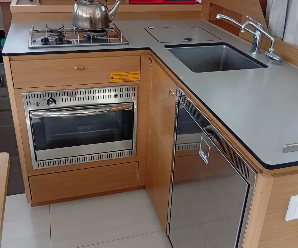 Galley of Amare II, a Excess 11 catamaran at Kontokali, Greece