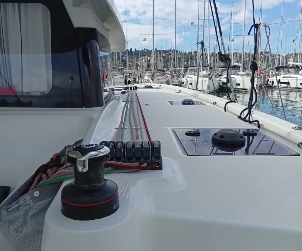 Deck of Amare II, a Excess 11 catamaran at Kontokali, Greece