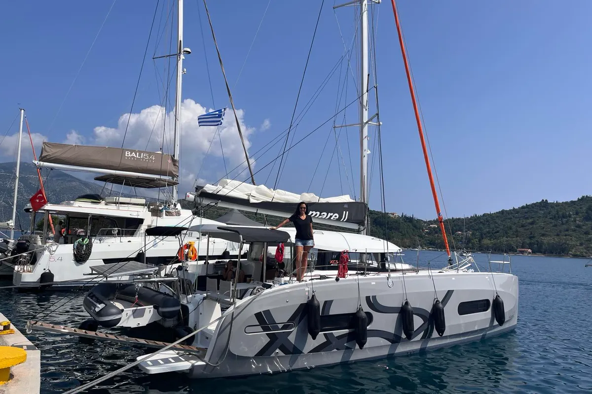 Exterior view of Amare II, a Excess 11 catamaran at Kontokali, Greece