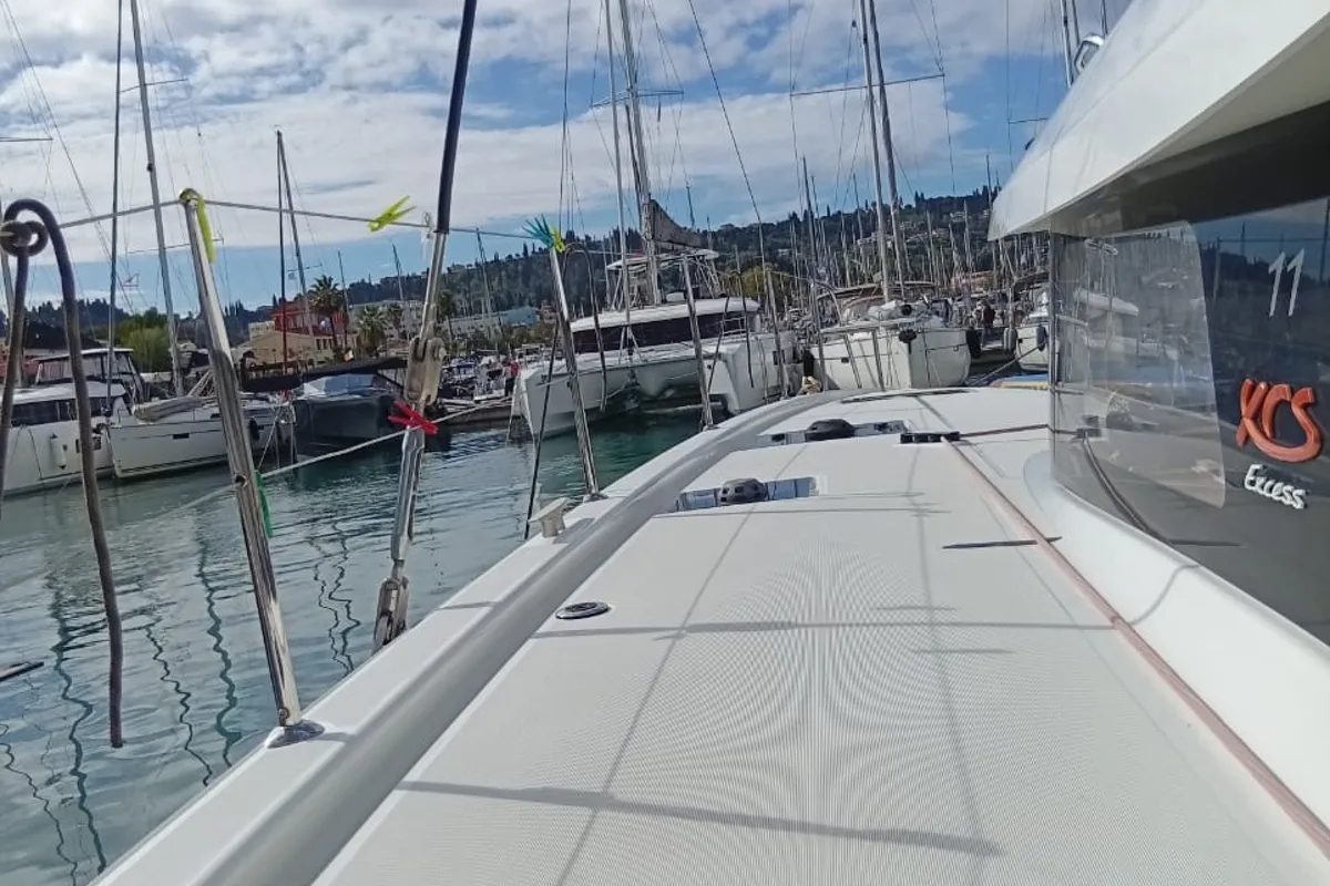 Deck of Amare II, a Excess 11 catamaran at Kontokali, Greece