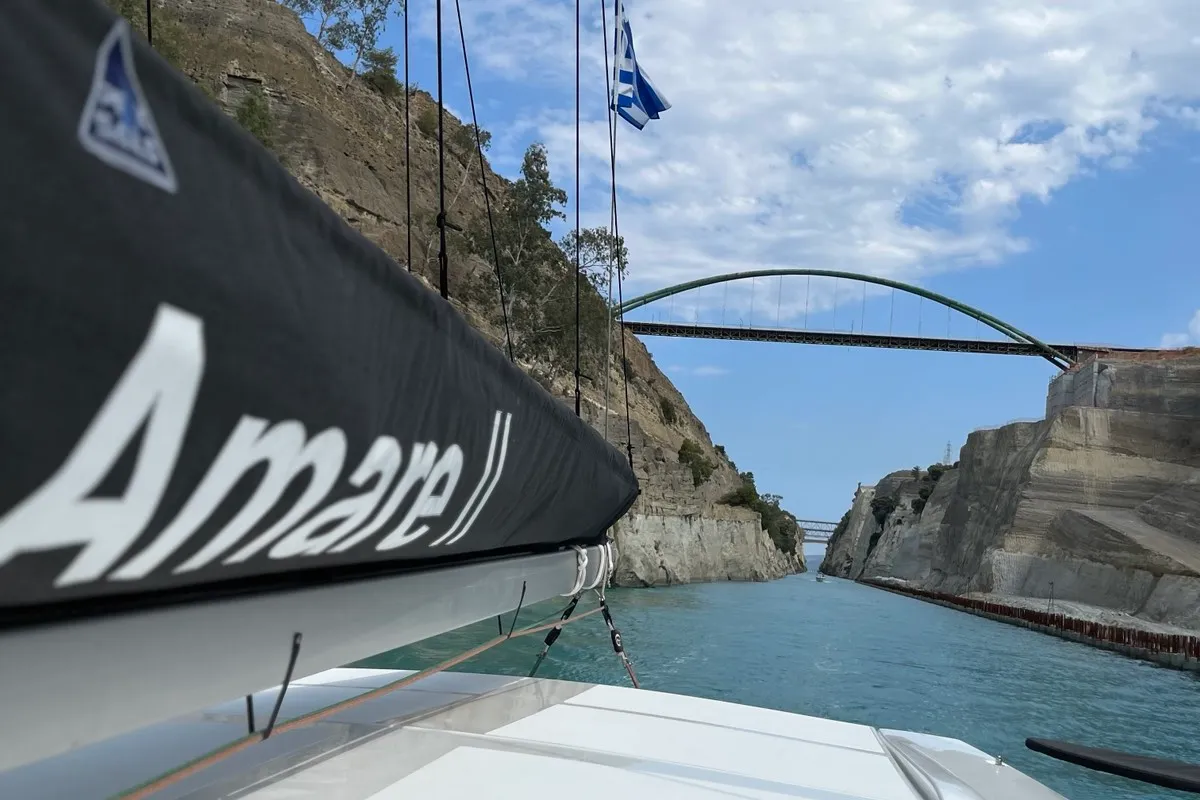 Exterior view of Amare II, a Excess 11 catamaran at Kontokali, Greece