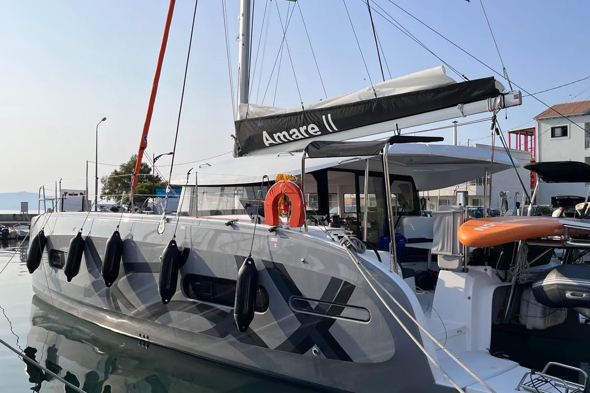 Exterior view of Amare II, a Excess 11 catamaran at Kontokali, Greece