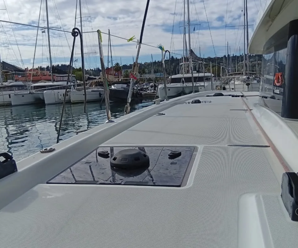 Deck of Amare II, a Excess 11 catamaran at Kontokali, Greece