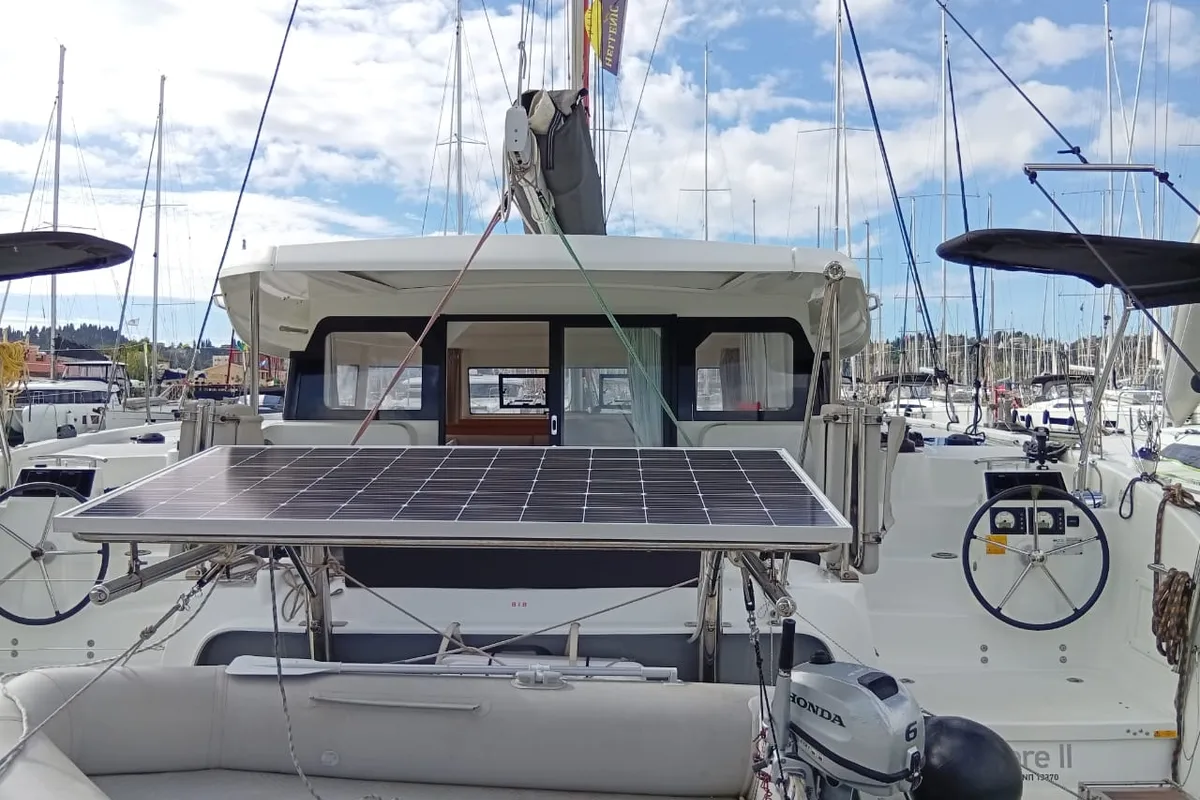 Deck of Amare II, a Excess 11 catamaran at Kontokali, Greece