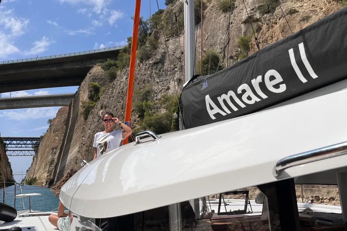 Exterior view of Amare II, a Excess 11 catamaran at Kontokali, Greece