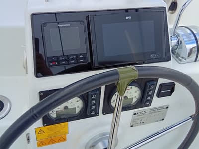 Cockpit of Amare II, a Excess 11 catamaran at Kontokali, Greece