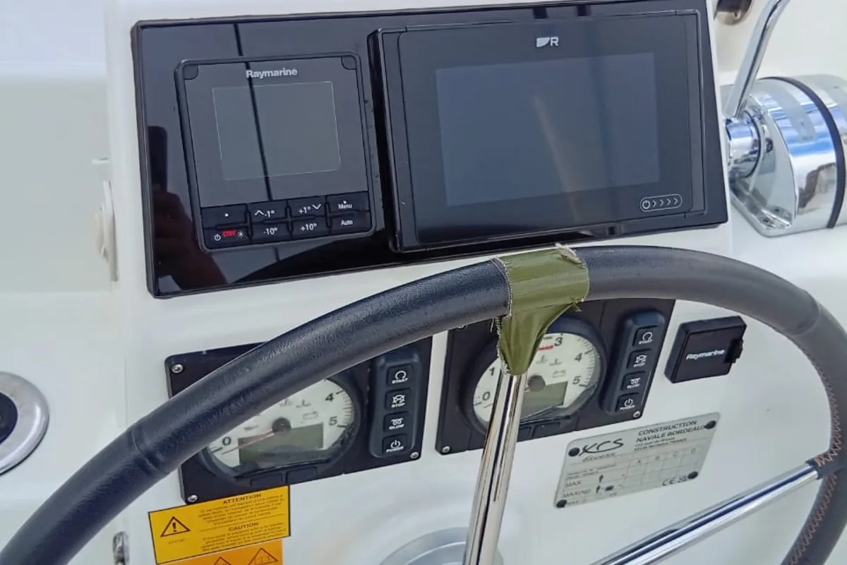 Cockpit of Amare II, a Excess 11 catamaran at Kontokali, Greece