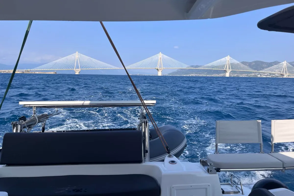 Deck of Amare II, a Excess 11 catamaran at Kontokali, Greece
