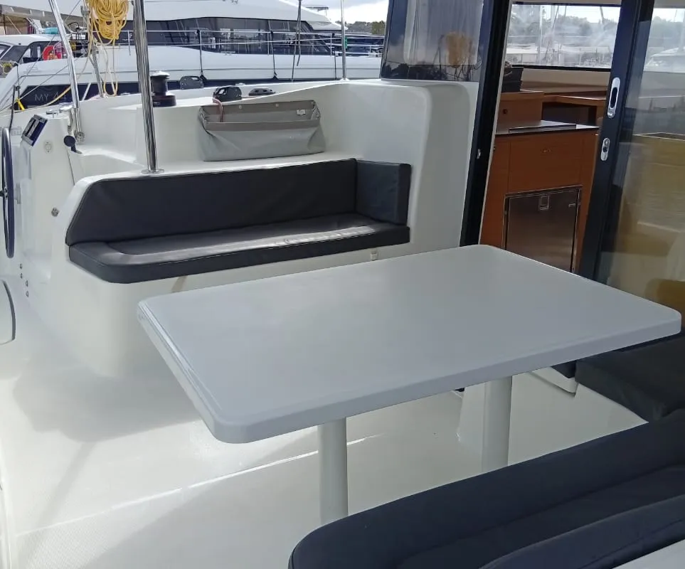 Deck of Amare II, a Excess 11 catamaran at Kontokali, Greece