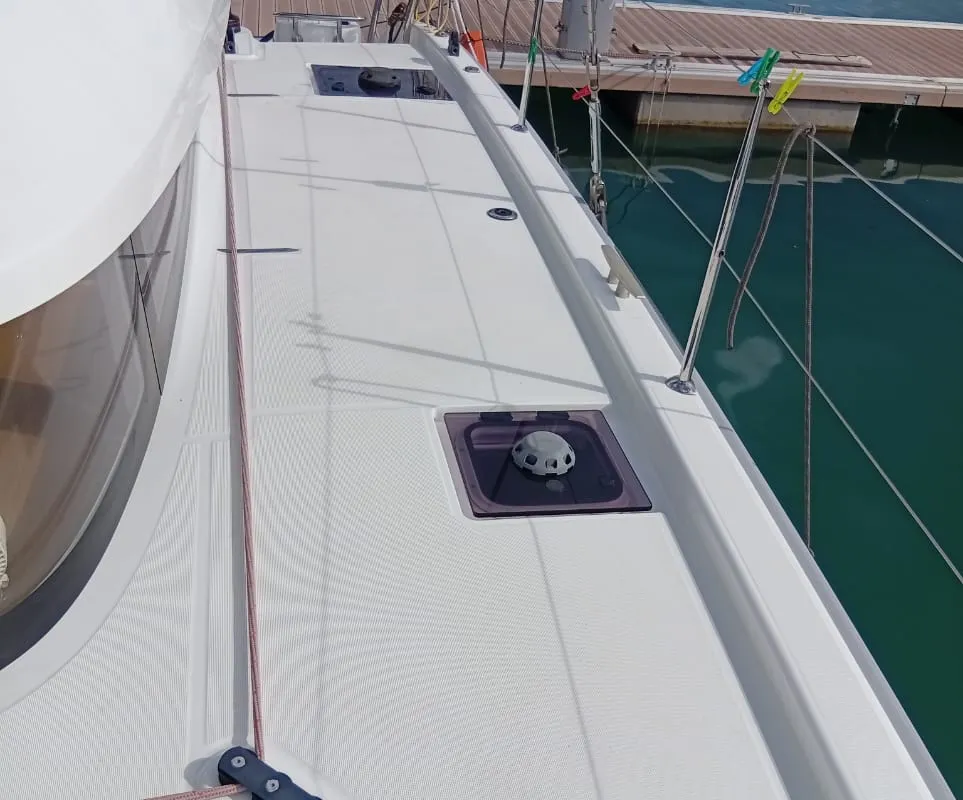 Deck of Amare II, a Excess 11 catamaran at Kontokali, Greece