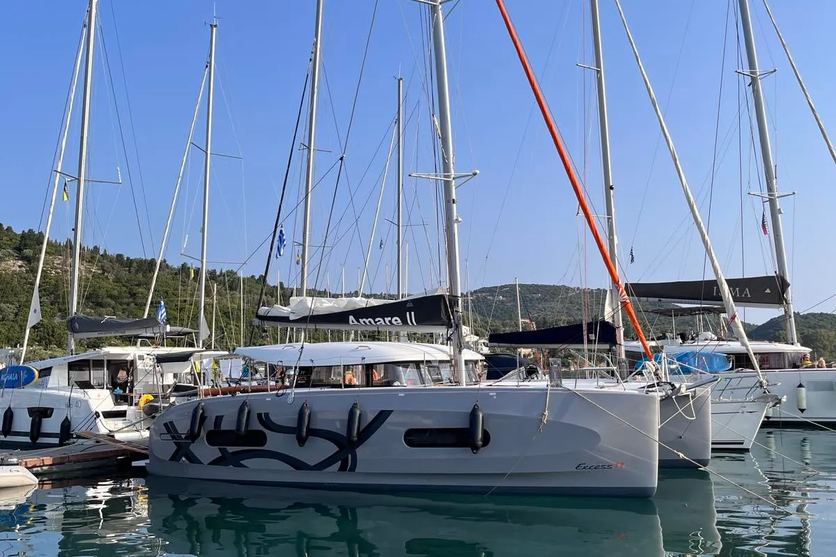Exterior view of Amare II, a Excess 11 catamaran at Kontokali, Greece